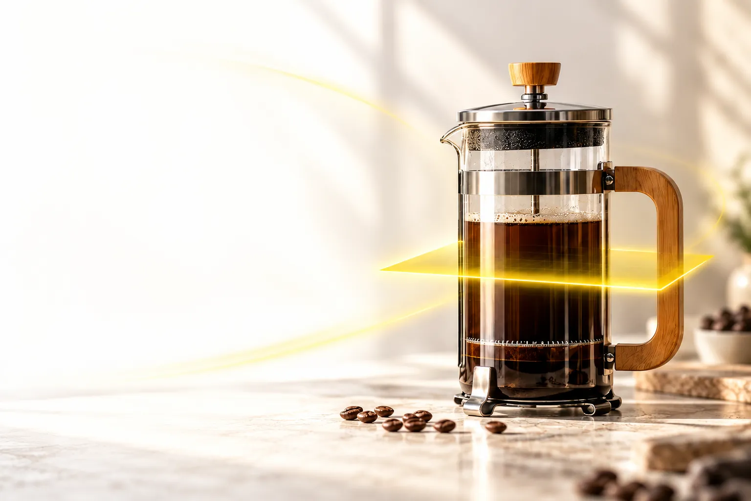 Example French press coffee maker with wooden details on a light table