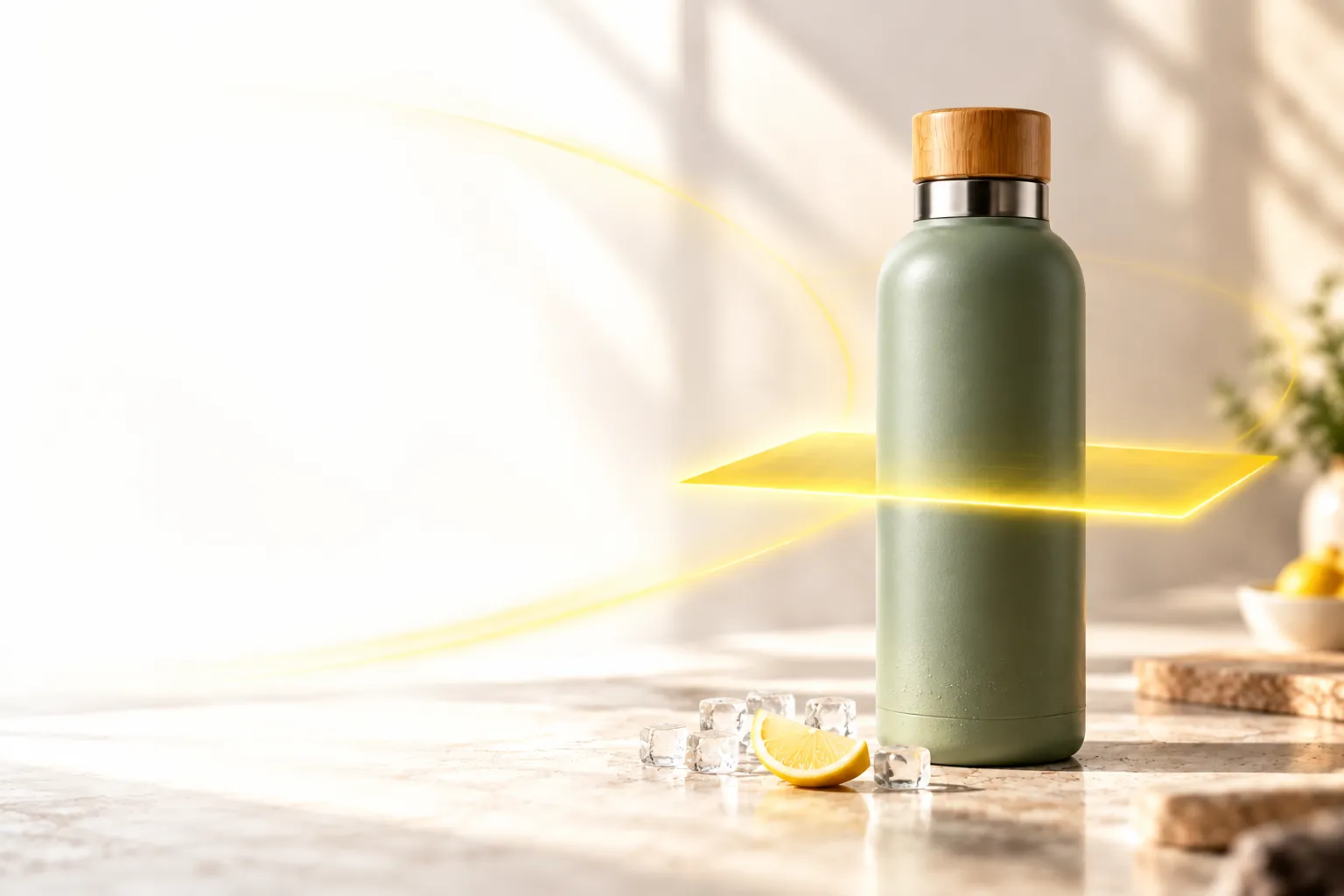 Illustrative product for the diagnosis: a green insulated bottle with a bamboo lid